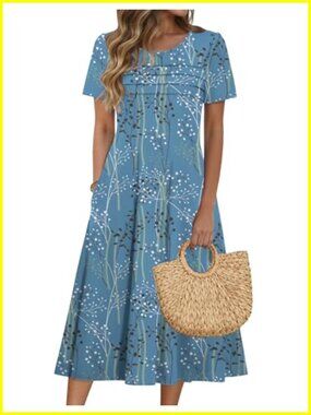 Floral Puff Sleeve Midi Dress with Pockets Flowy Summer Beach